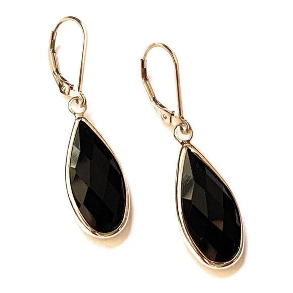 Black Glass Teardrop Dangle Earrings for Women 14k Gold Filled Handmade USA